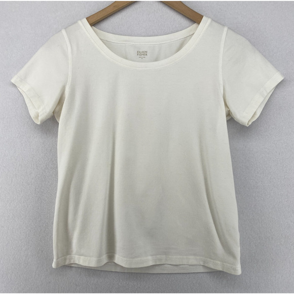 EILEEN FISHER Top S Stretch Organic Cotton Scoop Neck Short Sleeve White USA - Picture 1 of 12